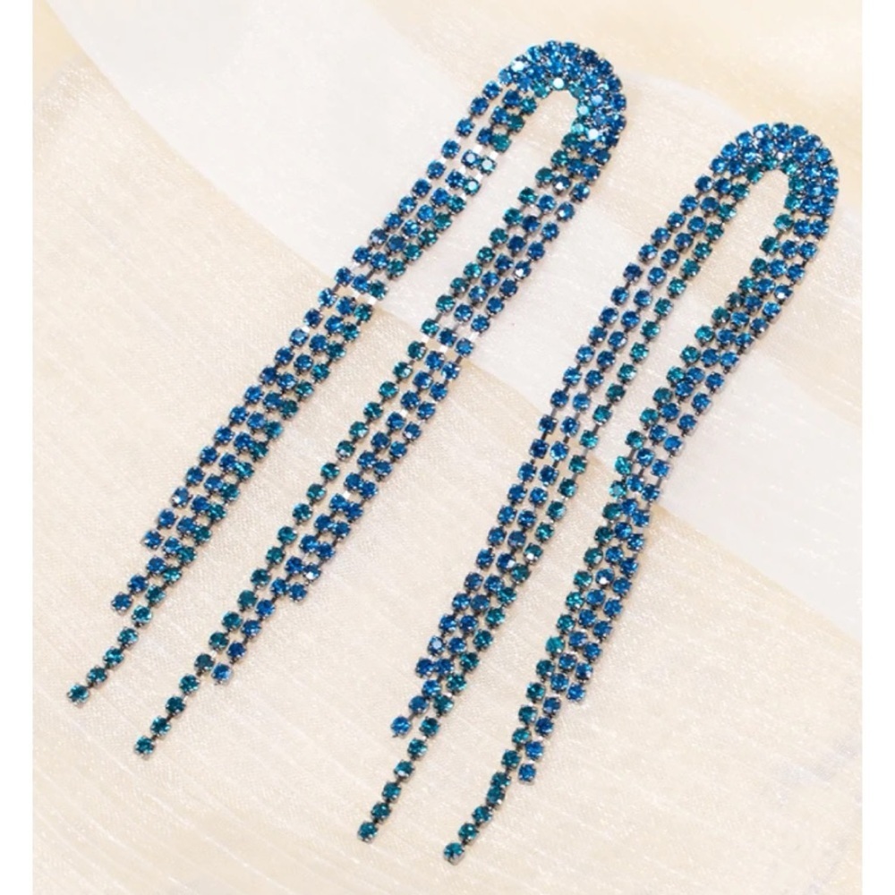 Blue rhinestone tassel earrings